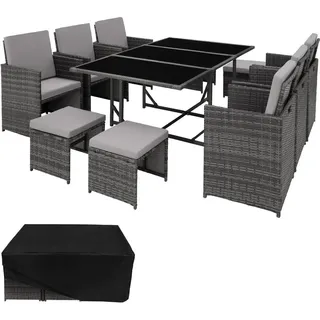tectake Rattan Sitzgruppe Malaga,zusammenschiebbar, inklusive Schutzhülle,grau , Kunststoff , Rechteckig , Gartenmöbel, Gartengarnituren, Gartenmöbel-Sets
