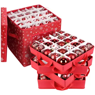 adorbox 4 Ebenen Weihnachtskugeln Aufbewahrung, 83 Fächer Aufbewahrungsbox für Weihnachtskugeln mit Verstellbaren Trennwänden, Deckel und Griffen, für Weihnachtsschmuck, 31x31x30cm, Rot