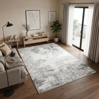 TAPISO Bari Teppich Abstrakt Used-Look Dunkelgrau Creme 180 x 250 cm | bedruckter Teppich mit Antirutschseite Wohnzimmer Schlafzimmer Modernes Design oeko-tex