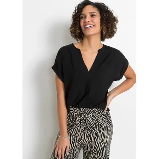 Tunika BONPRIX, Damen, Gr. 48, schwarz, Obermaterial: 100% Viskose, regular fit, Tuniken Tunika, eleganter Look, Kurzarm-Design, Regular Fit, mit Henley-Kragen