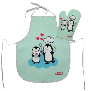 Heless 223 - Ofenhandschuh und Kochschürze für Kinder im Pinguin Pünktchen Design, waschbar, Zubehör zum Kochen und Backen