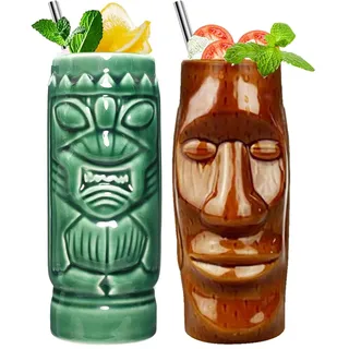 Tiki Mugs 2er Set hawaiianische Keramik Gläser Party Gläser Exotische Cocktailgläser Tiki Becher für Cocktails Exotische Party