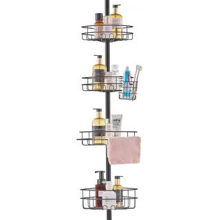 Vevor Spannstange für Eckduschablage 1422-2895 mm hoch, multifunktionale Spannstange mit starker & tragfähiger Ablage Spannstange geeignet für Badezimmer Waschräume Schwarz 4 Schichten