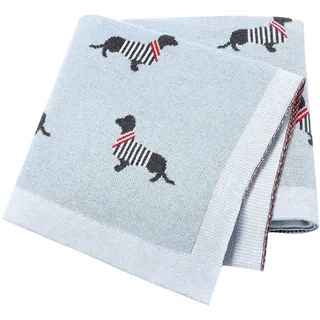 LAWKUL Babydecke 100% Baumwolle Weich Gestrickt Babydecken für Neugeborene Jungen Mädchen Dackel Wursthund 100x80cm Blau