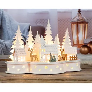 Beleuchtete Weihnachtsstadt mit 10 warmweißen LED - ca. 30x15x20 cm - Weiß, Braun, Grün