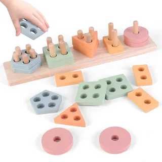 SUPERBE BEBE Montessori Holzspielzeug Zum Stapeln Und Sortieren Ab 3 Jahren - Sortierspiel - Entwicklungsspielzeug - Steckspiel - Bildungsspiel Für Kleinkinder - Geburtstags Spielzeug