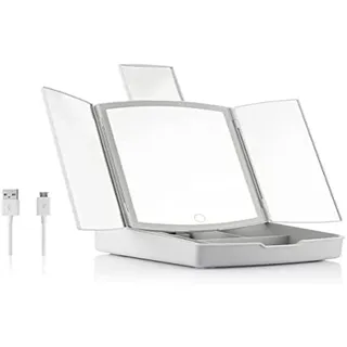 InnovaGoods - Klappbarer Spiegel mit 3-in-1 Make-up Organizer, Touch-Steuerung, 3 Beleuchtungsmodi, USB oder Batteriebetrieb, Weiß, Glas, 1 Einheit
