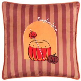 furn. Pumpkin Spice Kissenbezug (Orange - 45x45cm) | Gruselig Halloween Kürbis Samt Gestreift Paspelrand Dekorative Hülle