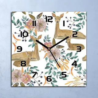Wanduhr Echt-Glas-Küchenuhr Aquarell Hirsch Quarz Lautlos 30x30 Deko Bilder