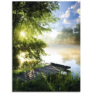 ARTLAND Wanddeko Glasbilder Wandbild Glas Bild einteilig 45x60 cm Hochformat Natur Landschaft Wald Baum See Steg Sommer Sonne Gräser T0WD