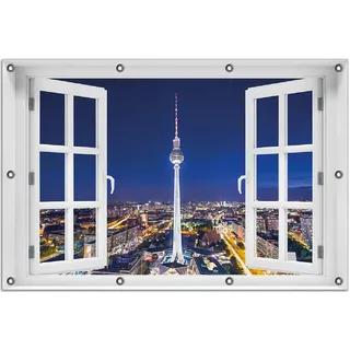 Wallario Outdoor-Poster für Garten oder Balkon 80 x 120 cm: Fernsehturm Berlin bei Nacht - Blau