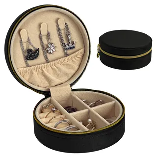 HomeGadget Reise Schmuckkästchen - Runde Schmuck Box aus Samt mit Reißverschluss - Jewelry Organizer - Schwarz