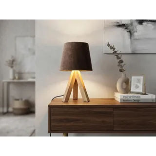 Tischlampe skandinavisch mit Holz & Samt Lampenschirm Braun Gold Höhe 27cm