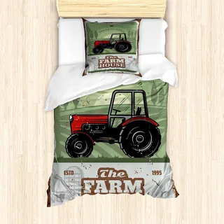 ABAKUHAUS Vintage Trucks Bettbezug Set für Einzelbetten, Farmer Traktor Kunst, Milbensicher Allergiker geeignet mit Kissenbezug, 135 cm x 200 cm - 80 x 80 cm, Mehrfarbig