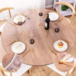 UMINEUX Runde Vinyl-Tischdecke mit elastischem Rand, wasserdicht, abwischbar, für Innen- und Außenbereich, Terrasse, passend für Tische mit Durchmesser 114–142 cm (transparent)
