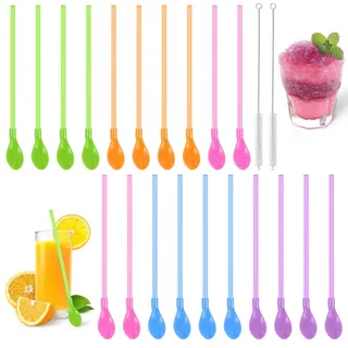 FLEXNOVA 20 Stück Strohhalm Löffel Plastik Bunt, Slush Strohhalme Latte Macchiato Löffel mit Strohhalm, 2 in 1 Löffelstrohhalme Wiederverwendbare löffel-trinkhalme für Cocktails,Smoothies,Milchshakes