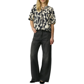 Kurzarmbluse S.OLIVER, Damen, Gr. 46, schwarz (schwarz aop), Obermaterial: 84% Viskose, 16% Polyamid, bedruckt, relaxed fit taillenbedeckt, Rundhals, gerader Abschluss, Blusen Kurzarmbluse, mit All-Over Print