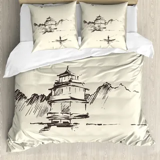 ABAKUHAUS Vintage China Bettbezug, Pagoda Fischer, Milbensicher Allergiker geeignet mit Kissenbezügen, 155 cm x 220 cm - 80 x 80 cm, Beige Dunkelbraun - Beige
