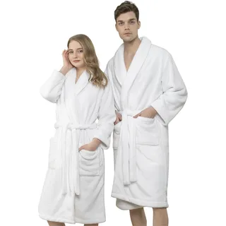 hammetex Bademantel unisex, ultraweicher & flauschiger Fleecemantel" Gr. XS, weiß, L:112cm, Fleece, Hausmäntel, Bademantel, ideal für Sauna & Spa, Hotelbademantel, Morgenmantel für Paare mit Taschen, XS-S