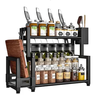 Gewürzregal Stehend 2 Etagen Großes Fassungsvermögen Lagerung Küchenregal,Metall Rostfrei Organizer für Arbeitsplatte Aufbewahrung mit Utensilienhalter,Schneidebretthalter, mit 6 Haken,Schwarz