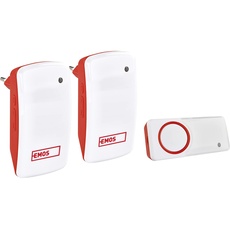 EMOS Batterielose Türklingel/Funkklingel Set mit 2 Empfängern, 150 m Reichweite und 10 Klingeltönen, 5 Stufen Lautstärke bis 110 dB/Visuelle Anzeige/Self-Learning Paarung/Farbe weiß/rot, P5750.2R