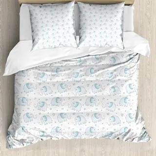 ABAKUHAUS Elefant Bettbezug, Tiere Herz-Stern, Milbensicher Allergiker geeignet mit Kissenbezügen, 200 cm x 200 cm - 80 x 80 cm, Baby Blue Cinnamon Weiß - Weiß