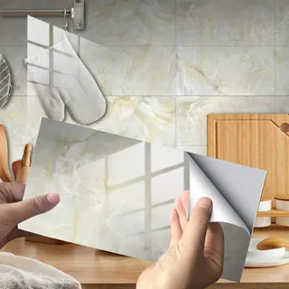 Hiser 16 Stück Küchenrückwand Fliesenaufkleber, Rechteck Marmor Muster Wasserdicht Ölfest Stickerfliesen Deko Selbstklebende Wandfliese für Küche Badezimmer Wohnzimmer (Beige,30x15cm)