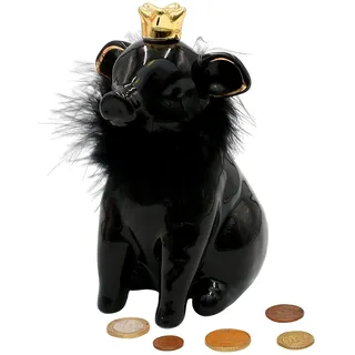 Dekohelden24 Keramik Spardose als Schwein - Sparschwein - Sparbüchse - Sparschweinchen in schwarz mit Fell und Goldener Krone, Größe ca. 10 x 12 x 16 cm
