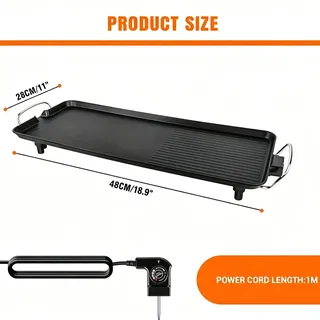 Teppanyaki Grill - Elektrischer Tischgrill 1500 W - Spritzwassergeschützt - Abnehmbares Kabel - Leicht zu reinigen - Tragbar für Camping - Schwarz