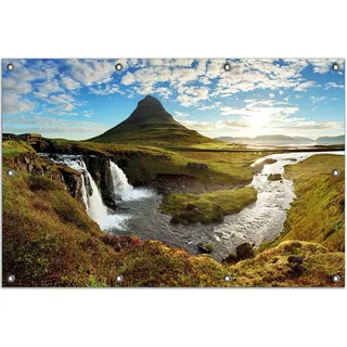 Wallario Outdoor-Poster für Garten oder Balkon, Motiv Island Panorama Fluss Berge und blauer Himmel, in ca. 80 x 120 cm - Schwarz