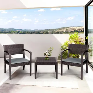 Sekey Balkonmöbel Set, 3 Teilig Gartenmöbel-Set aus PE-Polyrattan Wetterfest, Tisch und 2 Stühle mit Sitzkissen, Sitzgruppe Lounge Set, Terrassenmöbel für Terrasse, Balkon, Garten, Braun-Grau