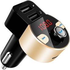 FirstE FM Transmitter, Bluetooth Autoradio Adapter Freisprecheinrichtung mit Dual-USB-Anschluss, LED-Bildschirm Auto-Batterie-Spannung (Gold)