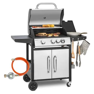 Klarstein Gasgrill mit Großer Grillfläche, 1 Seitenbrenner Gasgrill mit 3 Brenner, 13,5kW Edelstahl-Gasgrill, BBQ Gasgrill für Balkon & Garten, Grill für Propan, Gasgrills mit 4 Brennern & Thermometer - Silber