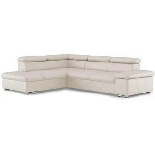 CAVADORE Echtleder-Eckcouch Valerie mit Ottomane / Ecksofa mit Kopfteilverstellung + Metallfüßen / 272 x 73 x 226 / Leder Weiß
