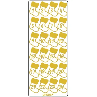 Ursus 593000124 - Kreativ Sticker Adventskalender, Stiefelchen gold, 5 Stickerbögen mit Zahlen von 1 bis 24, selbstklebend, leicht abziehbar, zum Nummerieren von selbstgemachten Adventskalendern