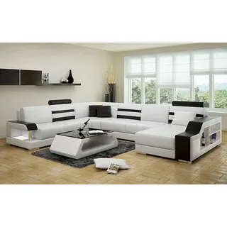 Ecksofa Sofa Couch Polster Eckgarnitur Wohnlandschaft Leder Desing Eck U Form - Weiß, Schwarz