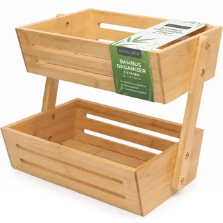 hausleben 2-Etagen Bambus Obstkorb – Nachhaltige Obstschale & Gemüse Etagere für Küche & Esstisch – Zweistöckiger Obstständer mit Luftzirkulation für lange Frische – 34x22x28 cm