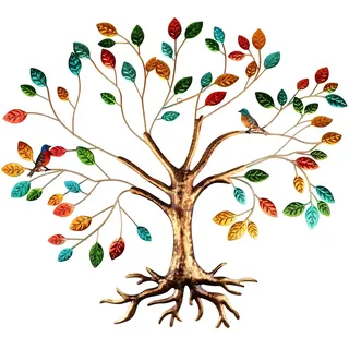 Fangoo Metall Baum des Lebens Wanddekoration Großer Baum des Lebens Wanddeko Metall Ausgestattet mit Bunten Blättern und Kolibris für Wohnzimmer Schlafzimmer und Gärten(55x66CM) (Life Tree)