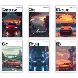 NebulaNova JDM Auto Posters Japanische Sportwagen Leinwanddrucke Klassischer Supersportwagen Wandkunst für Jungen Zuhause Schlafzimmer Büro Wohnheim Dekoration (6 Stück 20 x 30 cm Ungerahmt)