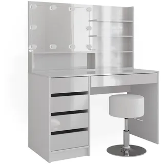 Vicco Schminktisch Sherry Weiß 120 x 75 cm mit LED Beleuchtung, Hocker und Spiegelregal