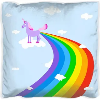 Wallario Premium Kissen, weiche Oberfläche, mit Motiv Einhorn mit Regenbogen aus dem Hintern, Größe: 40 x 40 cm, mit weißer Rückseite - Blau