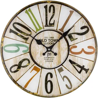 Wanduhr Vintage Retro 14878, Holzoptik, mehrfarbige Ziffern, gut ablesbar