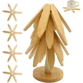 Hoypeyfiy Natürliche Holzfarbe Weihnachtsbaum Topfuntersetzer Set mit 4 Topfuntersetzer Holz und 1 Ständer, Geeignet für Küchen, Esszimmer und Familienfeiern