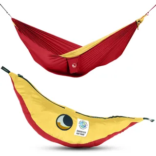 Fallschirmhängematte Original - Das Original seit 1996 | Burgund/DUNKELGELB | Multitalent und Leichtgewicht | 320 x 200 cm, nur 600 g | Schneller Aufbau < 1min | Camping, Hängematte