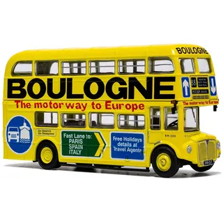 Bus AEC Typ RM, London Transport, 359 CLT, Route 88 Mitcham Cricketers, Aufschrift „Boulogne, The motorway to Europe“