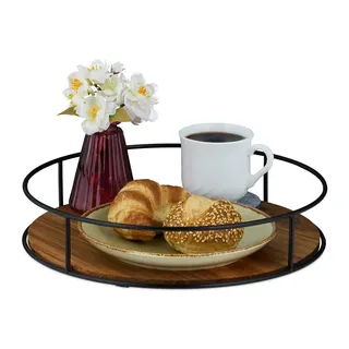 Relaxdays Tablett , Braun , Holz, Metall , Akazie , Rund , 31x6x31 cm , Geschirr, Tischkultur & Serviergeschirr, Tabletts