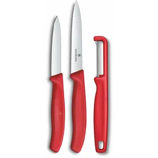 Victorinox Swiss Classic Gemüsemesser mit Sparschäler, Schälmesser und Tomatenmesser, 3-teilig, Extra Scharfe Klinge, Rot