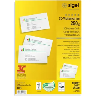 Sigel LP801 bedruckbare Visitenkarten 3C, 400 Stück (40 Blatt), hochweiß, glatter Schnitt rundum, 250 g, 85x55 mm