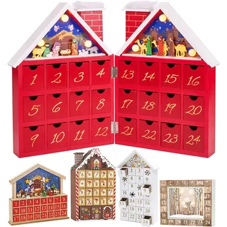 Brubaker Wiederverwendbarer Adventskalender aus Holz zum Befüllen - Rotes Weihnachtshaus mit Krippenspiel und LED-Beleuchtung - DIY Weihnachtskalender 21 x 9 x 30 cm - Rot, Weiß, Hellblau