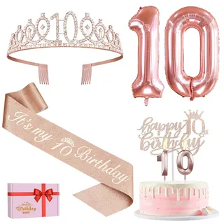 10. Geburtstag Mädchen Deko, 10. Geburtstag Krone und Schärpe, Happy Birthday Tortendeko Kerzen, Luftballons Rosegold, Geschenke für Mädchen 10 Jahre